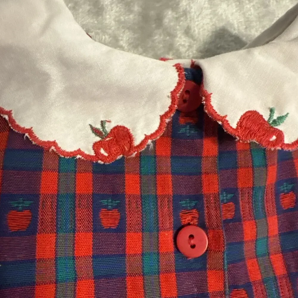 1990's Vtg OshKosh B'gosh 90s Baby Apple Plaid Peter Pan Collar Bubble 12M USA